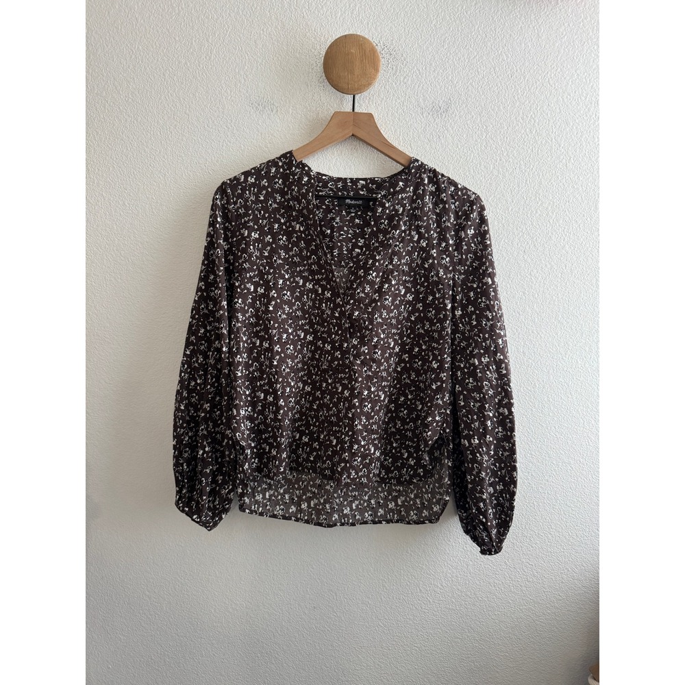 Madewell Floral V-Neck Snap Blouse Brown Long Sleeve Top Size Small